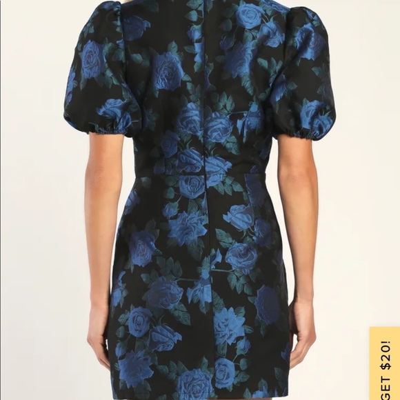 Puff sleeve blue floral jacquard mini dress V neckline - Picture 4 of 5
